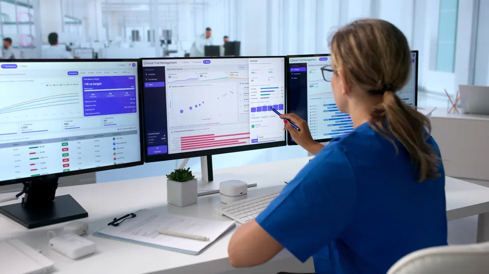 A researcher reviewing study data on computer monitors